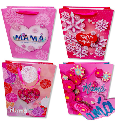 12 Bolsas Papel Grande Brillos Mujer Mama Sorpresa Regalos