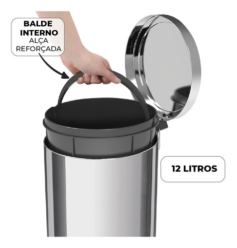 Imagem 10 de 12 de Lixeira Tramontina Com Pedal Em Aço Inox 12l 94538112 Cor Cinza