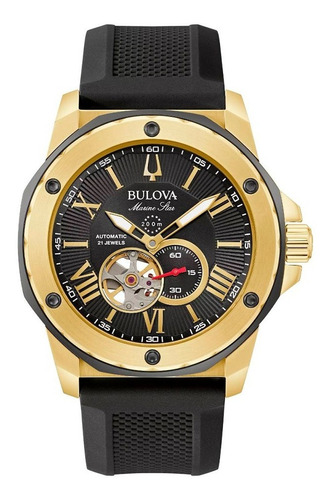 Reloj Bulova Marine Star Original Automático Para Hombre Correa Negro Bisel Dorado Fondo Negro