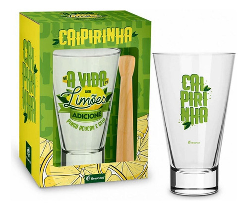 Kit Caipirinha Copo E Socador 400ml Se A Vida Te Der Limões Cor Verde