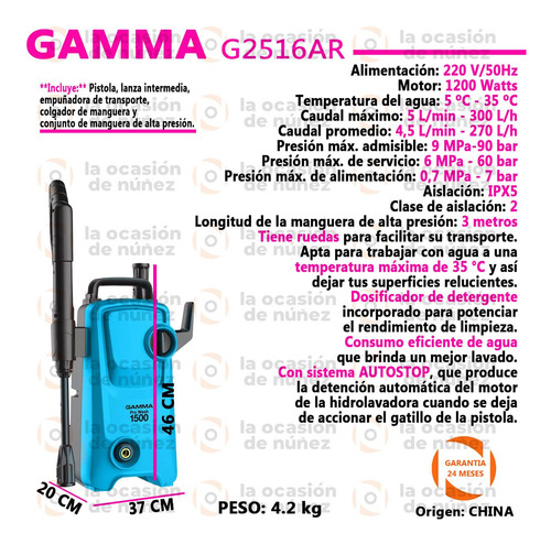 Imagen 2 de 6 de Hidrolavadora Gamma Pro Wash 1500 1200w 90 Bar
