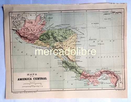 America Central Antiguo Mapa Color 1884 Plano Carta