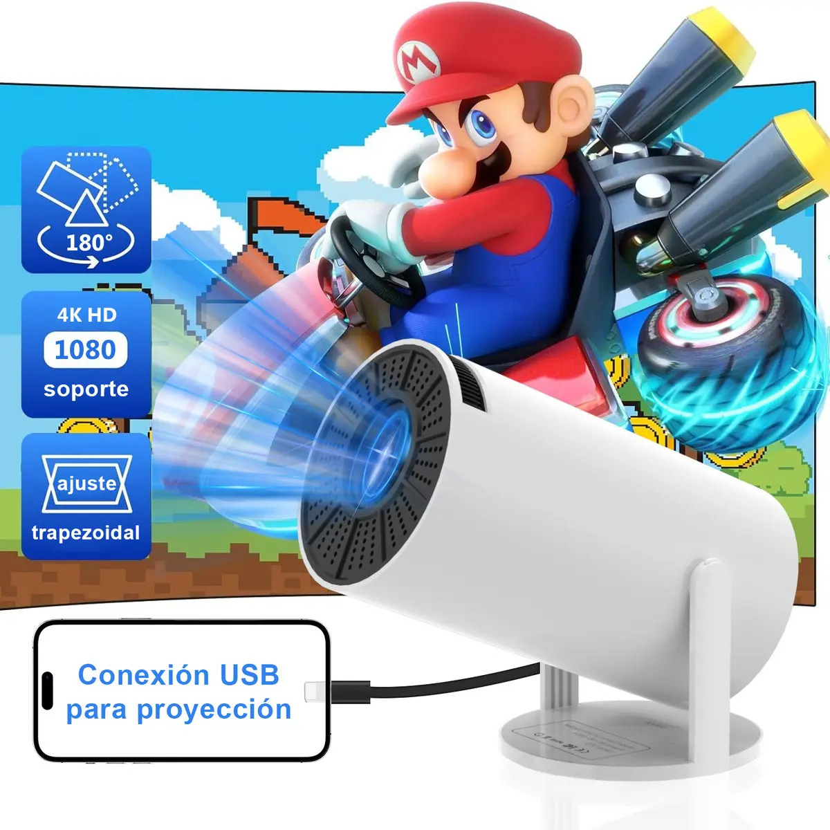 Mini projetor Casa de los Deseos portátil 4k 9000lm branco