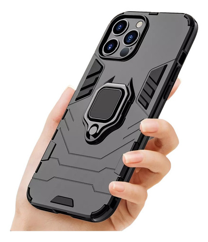 Carcasa Para iPhone 12 Pro Max Negra Antigolpe Anillo Metal