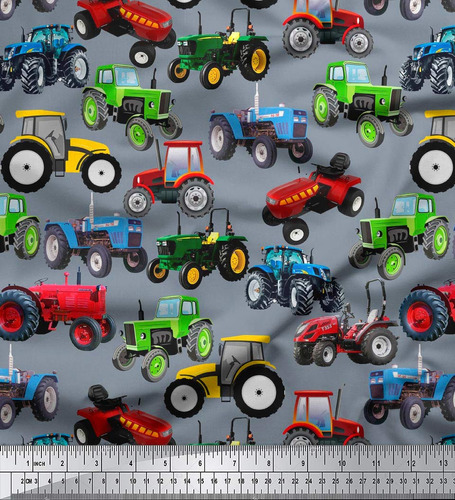 Tela Algodon Para Coser Estampado Tractor 58  Ancho Gris