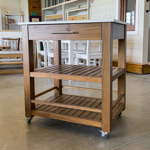 Isla, Barra De Madera Con Ruedas Tapa De Porcelanato Liquido Beige Marrón