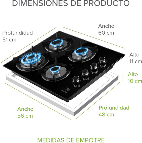 Parrilla De Gas Natural Lp 4 Quemadores Estufa Empotrable Negro