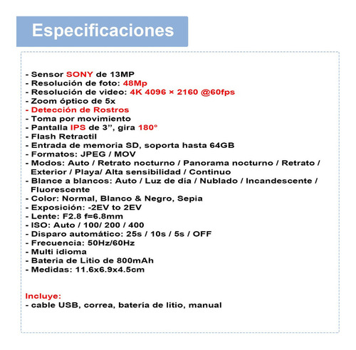 Camara Digital Vak Rf 3' Lcd 48mp Zoom Optico 4k