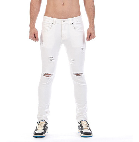Imagen 3 de 6 de Jeans Pantalón De Mezclilla Stretch Blanco Hombre Demolición