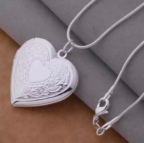 Relicario Corazón Tallado Plata Esterlina Con Collar