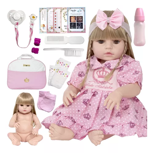 Boneca Bebê Tipo Reborn Pode Dar Banho + Enxoval Completo