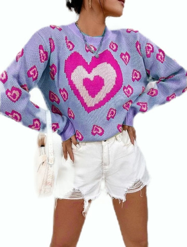 Sweater Con Estampado De Corazones Ref:hg005