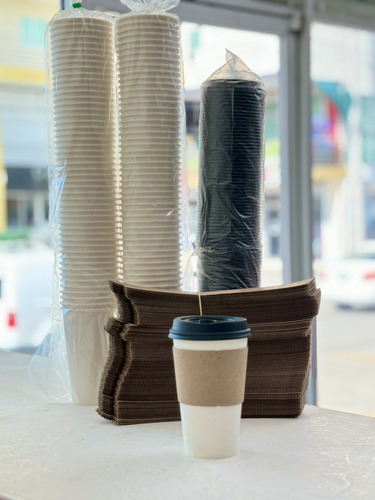 Kit De Vasos De Papel Blanco De 16 Oz, Tapa Negra Y Fajilla