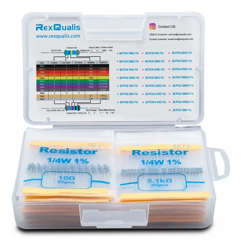 REXQualis 650 Piezas 22 Valores Kit 1% 1/4w Conjunto De Resistores