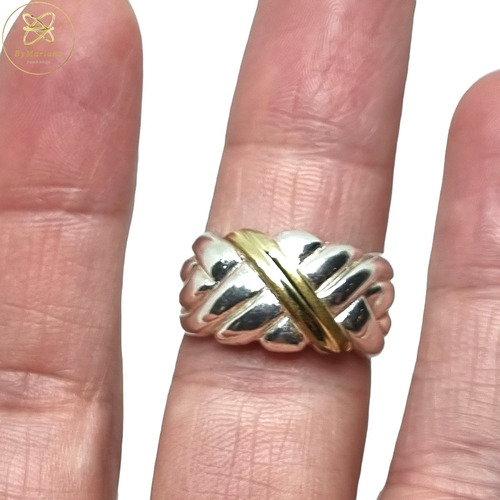 Imagen 2 de 6 de Anillo Plata Y Oro Cruzado Entrelazado