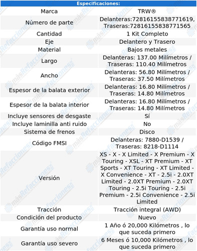 Kit Balatas Bajos Metales Del Y Tras Forester 11 Al 15 Trw