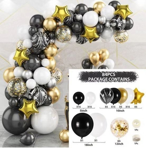 Arco Globos Negros Crome Blancos Kit Fiestas Cumpleaños 84pc