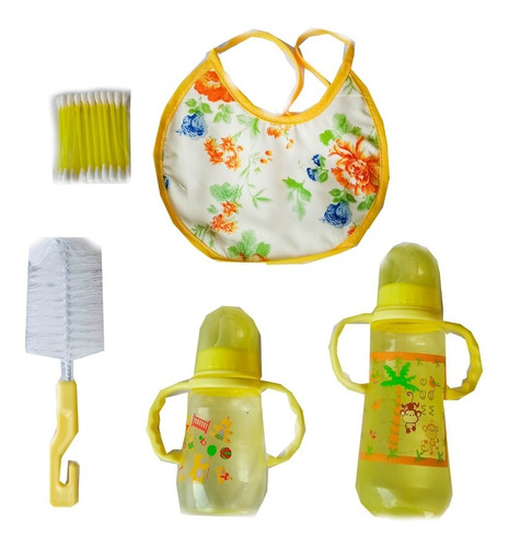 Kit Set Bebes 2 Teteros, Babero, Copitos, Cepillo Limpiador 