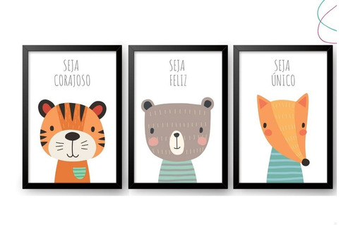 3 Quadros Decorativos Infantil Animais Fofos Safari Floresta