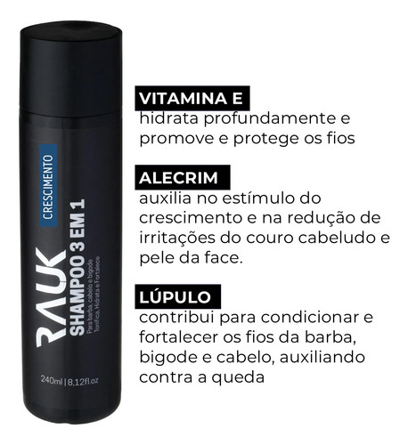 Kit 2 Shampoo Masculino 3x1 Barba Cabelo Crescimento Rauk