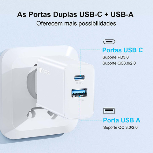 Carregador De Parede 1hora Pd 20w Porta Tipo Usb A+c Branco