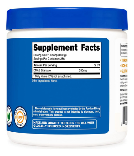 Nutricost Dmae Bitartrate 100 G Bitartrato 3.5 Oz Sabor Sin Sabor