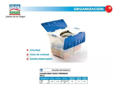 Caja Plástica Premium Multiuso 45 Lts Apilable Traslúcida