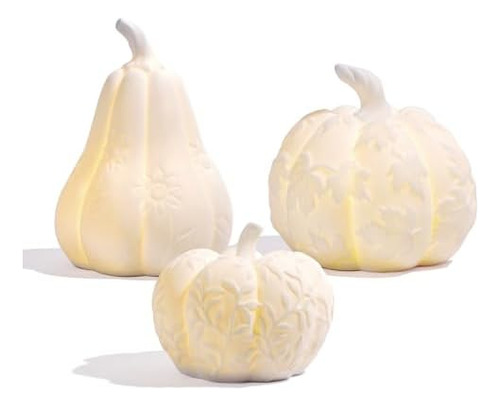 Juego De 3 Calabazas Grandes De Cerámica Con Luz, Calabazas