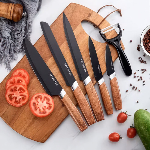 Set De 5 Cuchillos Negros C/mango De Madera + Base