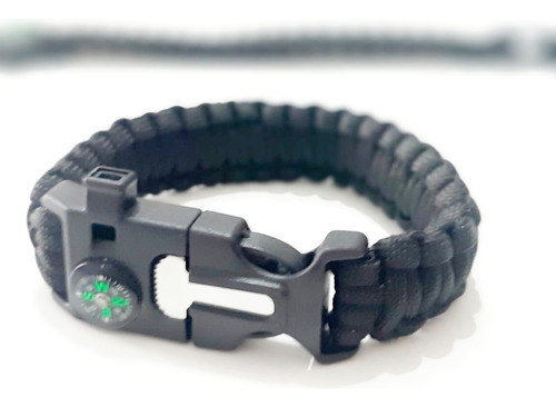 Pulsera Tipo Cuerda Supervivencia Negra Pedernal Silbato 