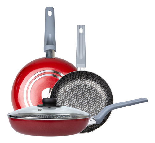 Juego De 3 Sartenes + Tapa De Cristal Ekco C/antiadherente Rojo