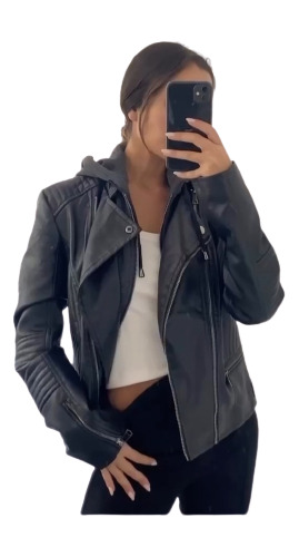 Campera Chaqueta Simil Cuero Mujer Con Capucha Desmontable