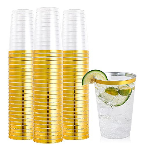 100 Pack 12 Oz Gold Rimmed Plastic Cups, 12 Ounce Clear..