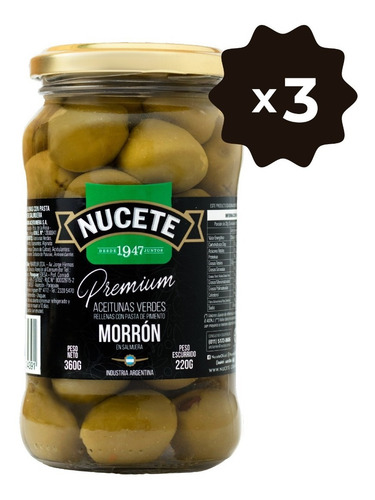 Imagen 1 de 3 de Combo Aceitunas Verdes Rellenas Morron Premium 360 Gr X 3