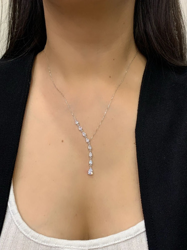 Dije De Plata Estambul Joya Sterling Silver 8 Gotas Con Zircon , Azabache Y Diseño De Gotas - 50cm De Largo Blanco Plata