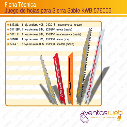 Juego De 5 Hojas De Sierra Sable Kit Set Kwb Surtidas