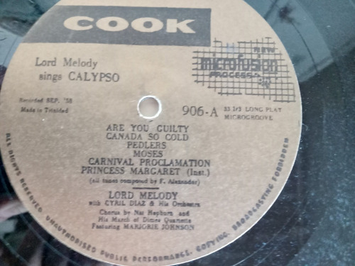 Lp Lord Melody Sings Calypso Com Cyril Diaz Orchestra (Usado)