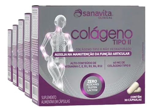 Kit 5 Colágeno Tipo 2 Ii 40mg 30 Cápsulas - Sanavita Sabor Sem Sabor