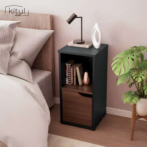 Mesa De Noche Minimalista 2 Cubos Almacenamiento Organizador Acabado Brillante Color Negro / Nogal Neo