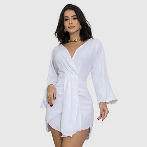 Vestido Feminino Social Curto Manga Flare Decote Profundo  Branco Único