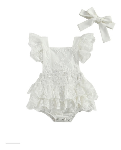 Vestido Romper Pañalero  Encaje + Listón Bebe Niña Bautizo