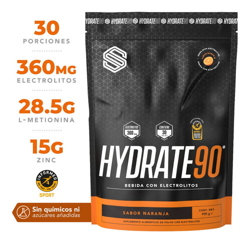 Eléctrolitos Y Rehidratente Hydrate 90 Ss, 30 Porciones 990g Sabor Naranja