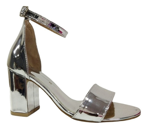 Zapato Sandalia Elegante D Moda Tacón Cuadrado Plata Espejo 
