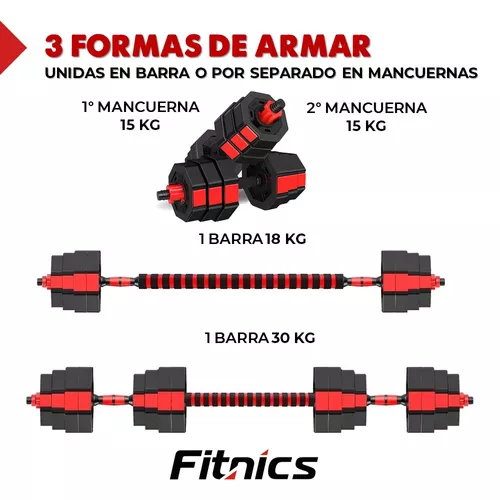 Mancuernas Ajustables Set 30 Kg Total Fitnics Unibles +Barra