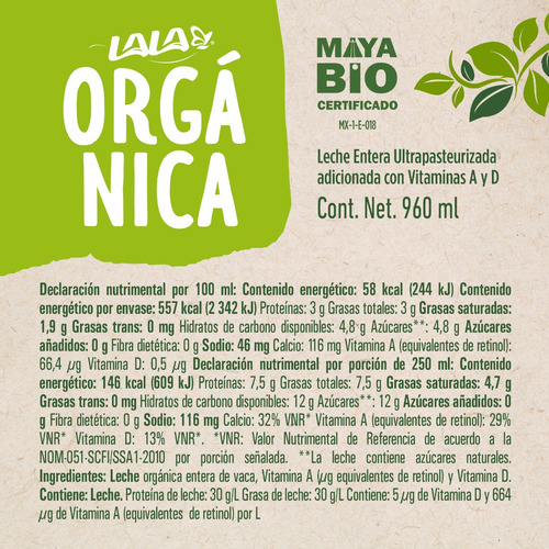 Pack De Leche Orgánica Entera 12 Pzas De 960ml C/u Lala