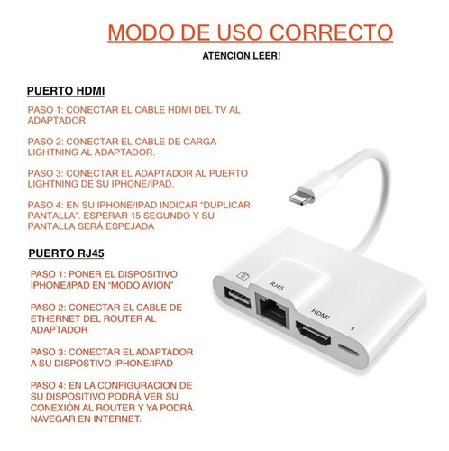 Imagen 6 de 9 de Adaptador iPhone iPad Hdmi Lightning Usb Rj45 Ethernet