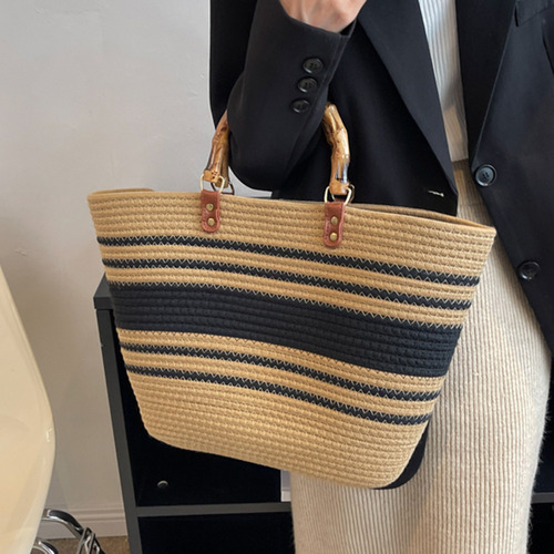 Bolsos De Playa De Moda Con Mango De Bambú, Algodón Tejido A