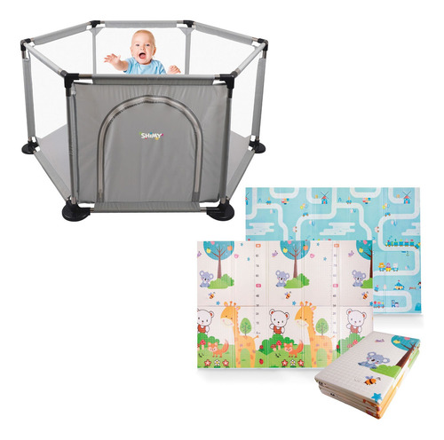 Corral Para Bebe Portatil + Tapete De Juego Plegable Color Gris Diseño De La Tela Jirafas
