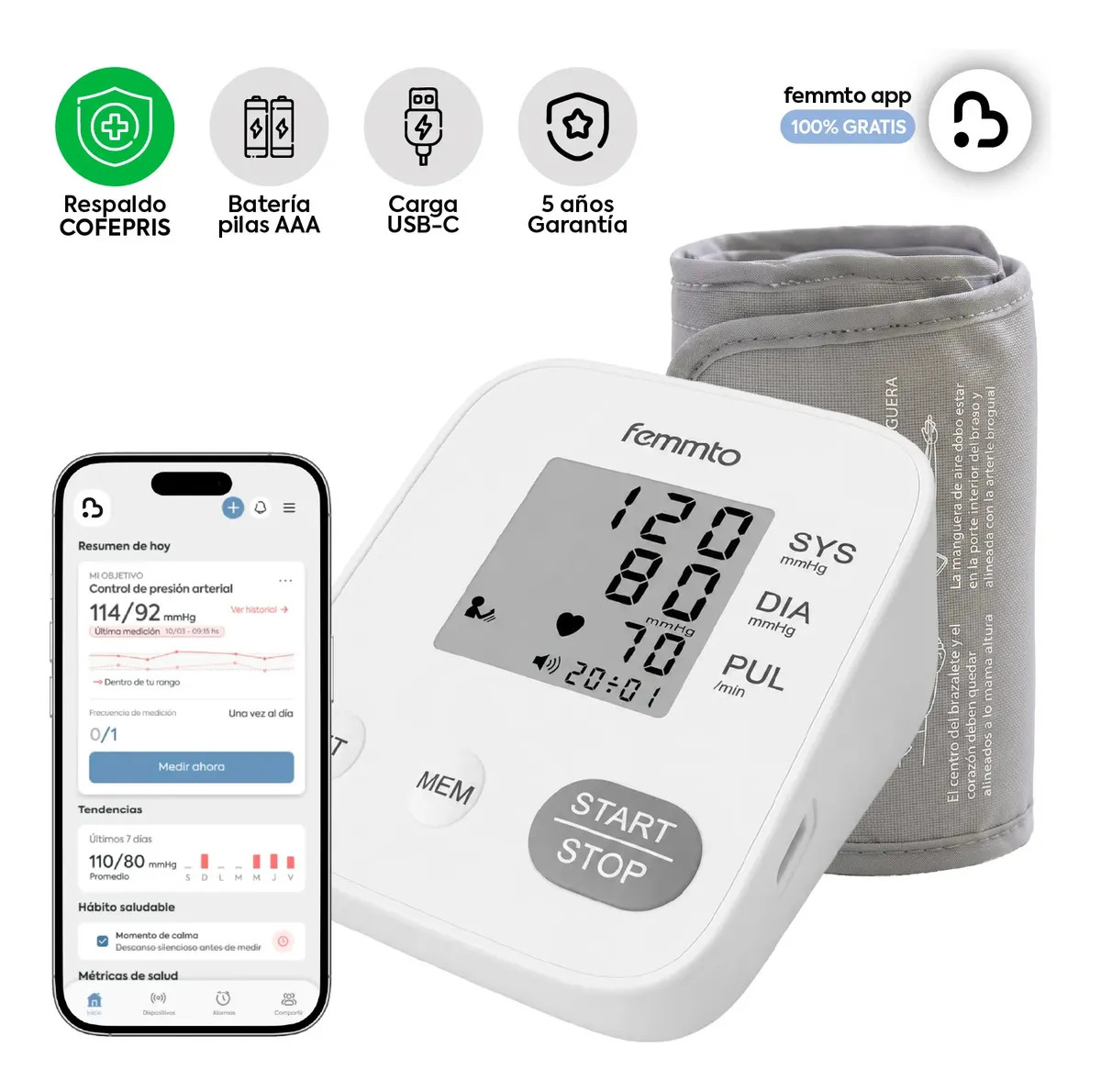 Baumanómetro Digital Brazo Medidor Presion Arterial Hogareño Casa Fácil Uso Enfermeria Automatico Femmto