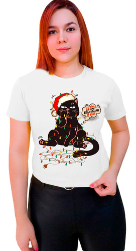 Polera Navideña Gato Negro Navidad Luces Talla Familiar C-94